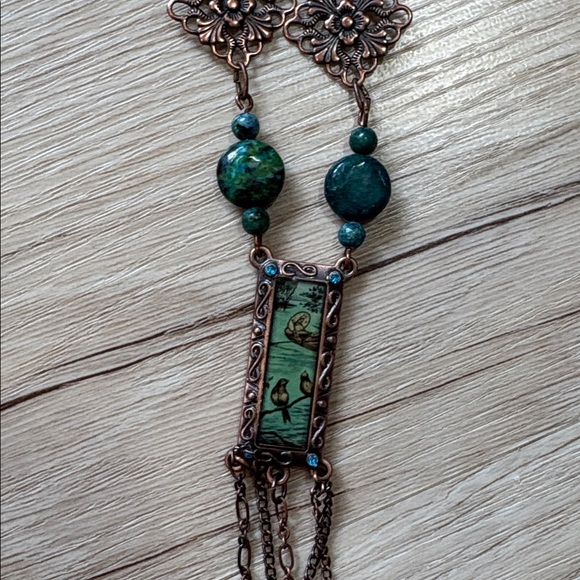 Handmade teal and copper necklace with bird pendant - Picture 3 of 5